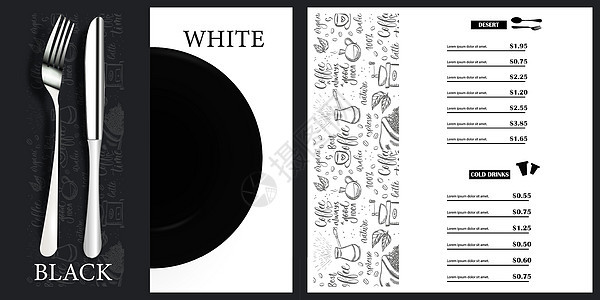 餐厅和咖啡馆的矢量菜单模板 黑白菜单封面设计 现代餐厅宣传册的设计图片