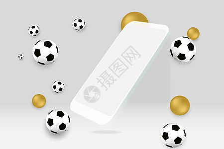 现实的现代白色智能手机 在白背景和足球上被孤立 电话视角视图中图片