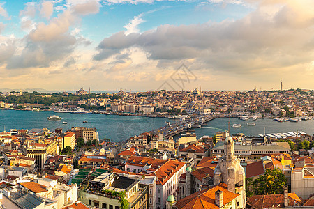 日落土耳其伊斯坦布尔天际 加拉塔桥 金角和老法蒂赫区全景历史旅行景观蓝色鸟瞰图建筑天线城市海峡喇叭图片