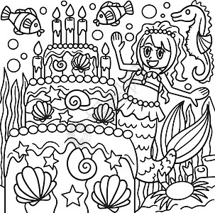 带生日蛋糕彩色的美人鱼页面图片