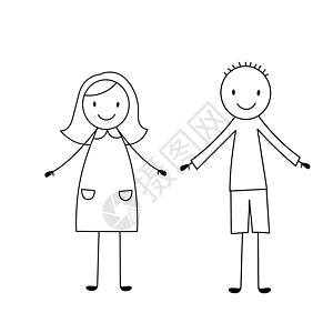 女孩和男孩笑笑的可爱棒 用涂鸦风格绘制的矢量插图 孤立在白色上草图手绘家庭火柴人绘画男人微笑团体女士婴儿图片