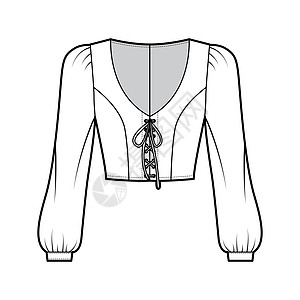 用长的主教袖子 浮起的肩膀 装配的身体来绘制剪裁带宽的技术时尚最高技术插图棉布设计女性男性绘画球座丝绸织物女孩衬衫图片