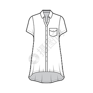 穿超大衬衫的服装技术时装插图 有角式口袋 短袖 固定领子 高低发型身体袖子脖子棉布织物衣服绘画计算机女士草图图片