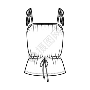 棉球大赛技术时装插图 上面有系紧带 拉绳腰部 外裤长度裙子男性设计衬衫袖子女孩织物计算机球座丝绸图片