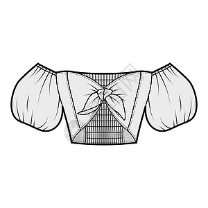 领头的顶顶技术时装插图 上面有弓型细形前衣 浮肿布卢森袖绘画脖子女性棉布身体办公室裙子服饰计算机服装图片