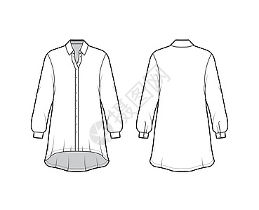 用长袖 普通项圈 高低发型 纽扣加固式的 特大衬衫服装技术时装插图办公室球衣身体袖子女孩女性女士裙子计算机丝绸图片