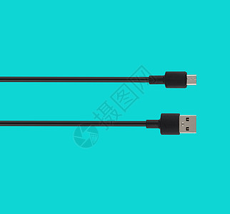 带有USB和微型USB连接器的电缆 在蓝色背景上分离适配器港口手机宏观数据力量插头硬件电话电子图片