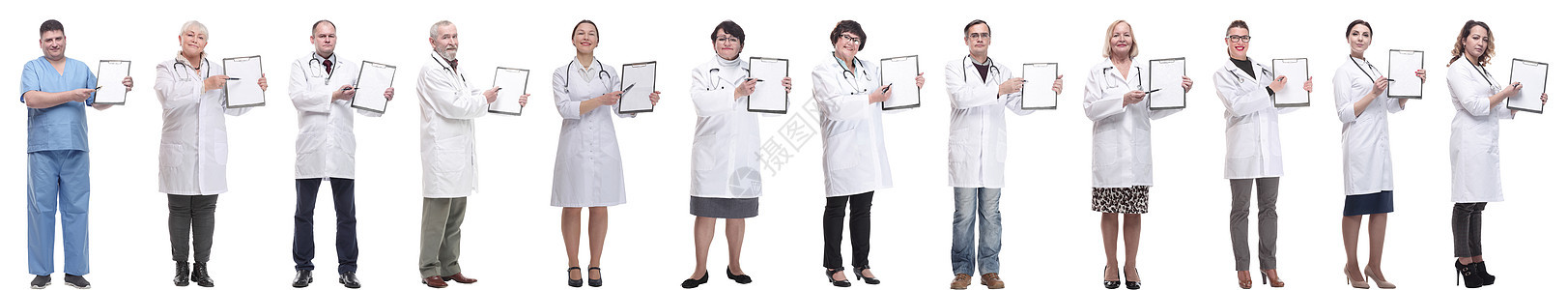 带笔记本的全长整组医生隔离实验室外科女士服务药剂师团队女性处方同事伙伴图片