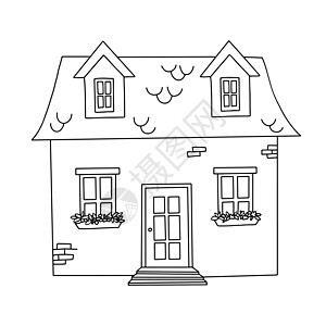 手画了旧而舒适的小房子的轮廓 用白色背景孤立的可爱小别墅作为彩色页面图片