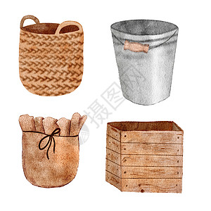 米色 bwon 天然容器篮和灰色金属桶的水彩手绘插图 风格斯堪的纳维亚北欧生态室内设计舒适的物品 木制舒适的装饰元素 家居现代家图片