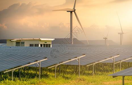 可持续能源 太阳能和风力涡轮机农场 可持续资源 太阳能 风能 再生能源 可持续发展 光伏板 绿色能源 替代电源发电机太阳涡轮商业图片