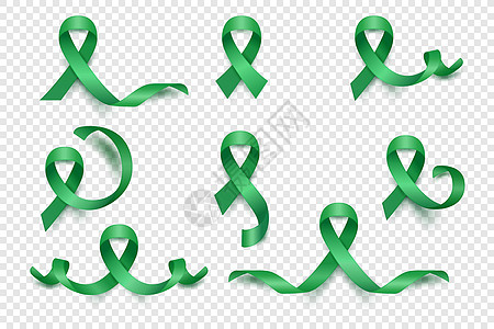 矢量 3d 逼真的翡翠绿色丝带集 肝癌意识符号特写 癌症丝带模板 世界肝癌日概念图片