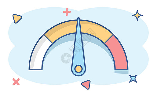漫画风格的仪表板图标 信用评分指标水平矢量卡通插图象形文字 具有测量规模业务概念飞溅效果的仪表燃料互联网金融卡通片时间测试拨号技图片