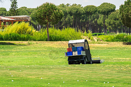 高尔夫球场和收集高尔夫球的高尔夫球车 高尔夫俱乐部练习场上的 Ballpicker场地运输集电极大车驾驶机器游戏卡车火鸡草地图片