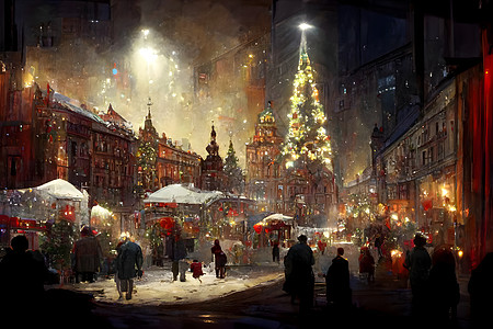 夜里拥挤的圣诞节欧洲街头 神经网络创造艺术 笑声汽车街道城市装饰市场人工智能树木想像力房屋图片