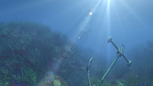 锚在水太阳光线它制作图案下海军渲染旅行巡航太阳飞机场景海洋海浪游泳图片