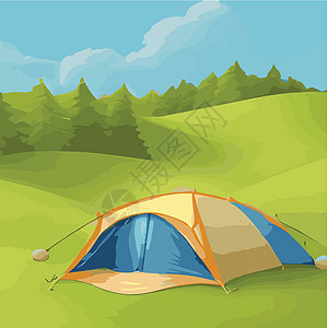 靠近绿色森林和山脉的露营帐篷 夏季或春季景观 卡通旅游营地 在森林 山景中设有野餐地点和帐篷 平面样式的矢量插图卡通片天空场景徽图片