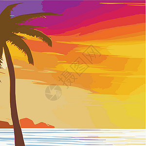 复古棕榈树海滩 具有阳光渐变的抽象背景 棕榈树剪影 标志暑假的矢量设计模板 日落与棕榈树彩色背景异国旅行海岸风景传单假期海洋热带图片