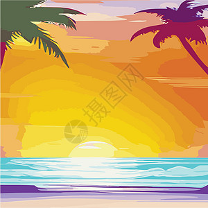 复古棕榈树海滩 具有阳光渐变的抽象背景 棕榈树剪影卡通平面全景景观 日落与棕榈树彩色背景暑假 日出或日落旅游冲浪观光空气圆圈海洋图片