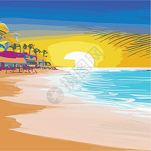 复古棕榈树海滩 具有阳光渐变的抽象背景 棕榈树剪影卡通平面全景景观 日落与棕榈树彩色背景暑假 日出或日落空气打印情调娱乐太阳海洋图片