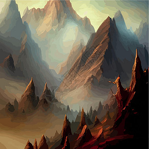 山丘和隐形森林在回溯之下 有烟雾山 火山矢量 风向的山地景观是真实的例证日落岩石插图松树阴霾全景爬坡地平线标识旅行图片