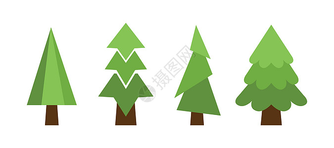 在白色背景上设置 4 pcs 抽象绿色圣诞树  矢量植物学花园木头插图收藏叶子松树生长季节卡通片图片