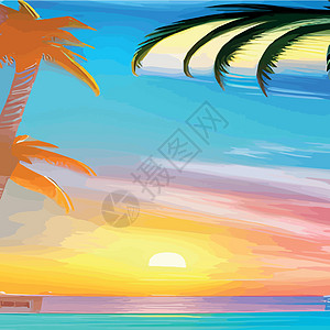 Web 与棕榈树的迈阿密海滩在日落 与晴朗的天空的热带风景 在海滩的棕榈树 手掌的轮廓旅行建筑物天堂潮人背景海报徽章植物群插图打图片