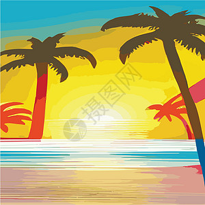 复古棕榈树海滩 具有阳光渐变的抽象背景 棕榈树剪影卡通平面全景景观 日落与棕榈树彩色背景暑假 日出或日落高颜值插图社交情调橙子假图片