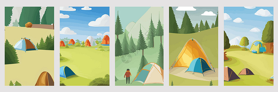 在森林空地上带帐篷的露营景观 在松林草丛中的帐篷 夏季露营的性质 生态旅游 户外休闲概念 矢量图 一组垂直海报品牌娱乐营火冒险草图片
