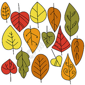 秋色阴影下一组多色叶子 带有黑色轮廓和圆形图案图片