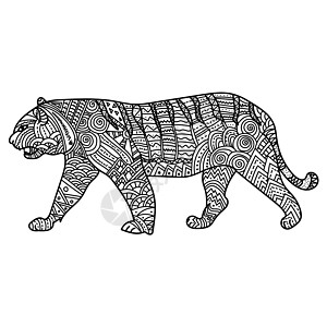 东部星座老虎的动物符号 带有圆形图案 冥想动物主义页面彩色本图片