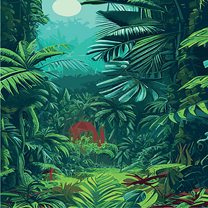 印刷多彩热带雨林 棕榈叶和其他植物 阿洛哈纺织品收集 茂密的热带森林情调地理杂草针叶林叶子雨林教育爬坡薄雾插图图片