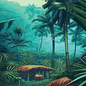 印刷多彩热带雨林 棕榈叶和其他植物 阿洛哈纺织品收集 茂密的热带森林边界野生动物旅游插图橙子成人天堂旅行花园异国图片
