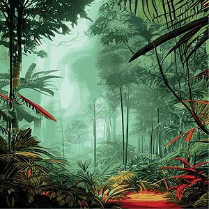 印刷多彩热带雨林 棕榈叶和其他植物 阿洛哈纺织品收集 茂密的热带森林公园教育灌木丛成人分支机构墙纸异国哺乳动物雨林团体图片