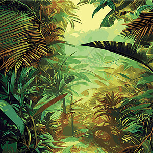 印刷多彩热带雨林 棕榈叶和其他植物 阿洛哈纺织品收集 茂密的热带森林旅游情调叶子异国荒野雨林藤本植物纺织品野生动物插图图片