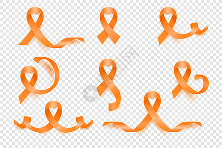 矢量 3d 逼真的橙色丝带集 白血病癌症意识符号特写 癌症丝带模板 世界白血病癌症日概念帮助疾病药品橙子插图丝绸保健幸存者卡片抗图片