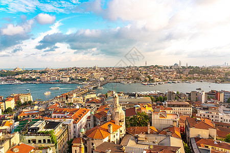 日落土耳其伊斯坦布尔天际 加拉塔桥 金角和老法蒂赫区全景天空建筑旅行加拉塔景观蓝色城市喇叭天线建筑学图片