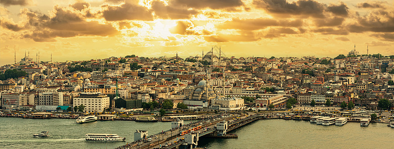 日落土耳其伊斯坦布尔天际 加拉塔桥 金角和老法蒂赫区全景地标喇叭建筑学天空海峡城市天线建筑鸟瞰图旅行图片