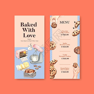 带有自制饼干概念 水彩色风格的菜单模板营销杏仁甜点小吃棕色水彩芯片面粉巧克力面包图片