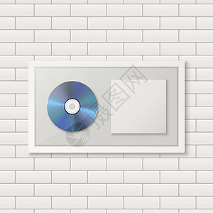 现实矢量 3d蓝色光碟 包装 白砖墙背景的白框架封面 单一专辑集压缩磁盘奖 有限版 设计模板图片