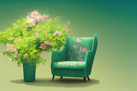 绿色扶手椅 柔和的绿色背景上有五颜六色的花朵 2d 风格 动漫风格图片