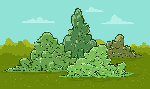在有云的草坪上的绿绿大灌木图片