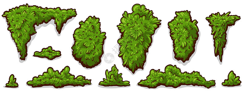 卡通绿色绿灌木和草矢量图标集图片