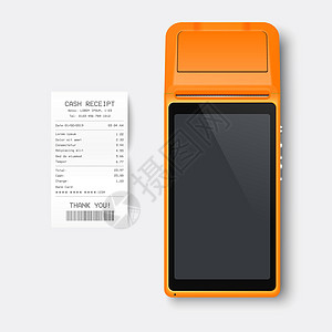 矢量 3d 橙色 NFC 支付机和纸质支票 收据隔离 Wi-Fi 无线支付 POS 终端 银行支付非接触式终端的机器设计模板 样图片