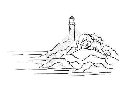 海景 灯塔 手画图解转换成矢量 海滨图形景观素描图示矢量建筑灯光艺术海浪岩石房子海岸导航绘画墨水图片