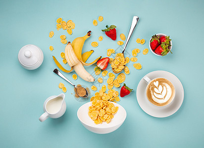 早餐 有谷类和水果牛奶香蕉蓝色食物餐厅咖啡店菜单咖啡奶制品谷物图片