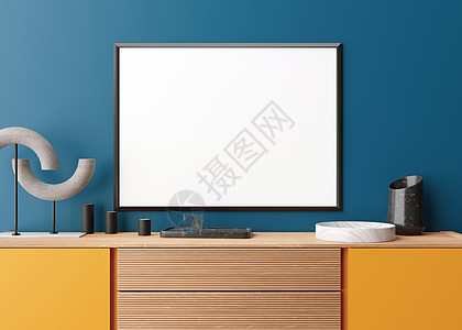 现代客厅蓝色墙壁上的空水平相框 以极简主义 现代风格模拟室内装饰 您的图片 海报的可用空间 黄色控制台 3D 渲染 特写视图图片
