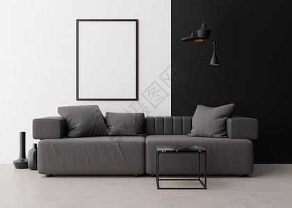 现代客厅白墙上的空垂直相框 模拟现代风格的室内装饰 图片的自由空间 灰色沙发 黑色大理石茶几 台灯 花瓶 3D 渲染图片