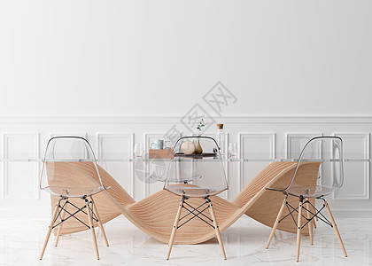 现代餐厅的空白墙 模拟现代风格的室内装饰 自由空间 为您的图片 文字或其他设计复制空间 带椅子的餐桌 镶木地板 3D 渲染木头家图片