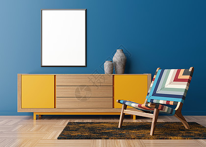 现代客厅蓝色墙壁上的空垂直相框 模拟现代风格的室内装饰 图片的自由空间 多色扶手椅 带混凝土花瓶的黄色控制台 3D 渲染图片